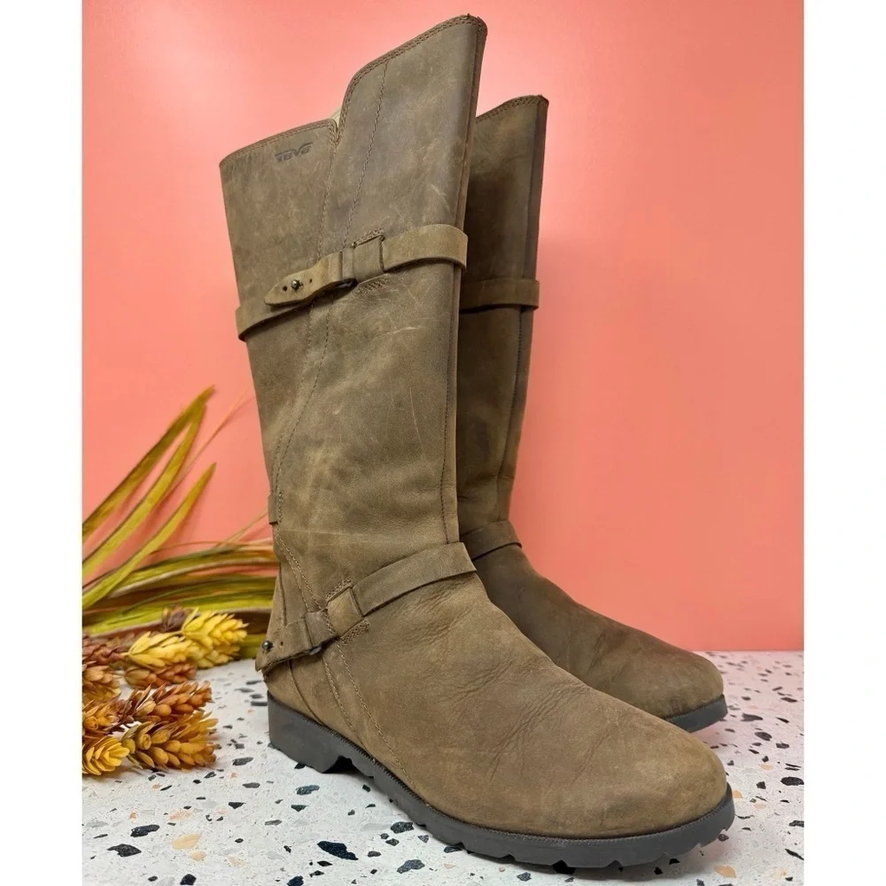 TEVA De La Vina Tall Brown Leather Riding Boots Waterproof Moto Zip Women’s Sz 6